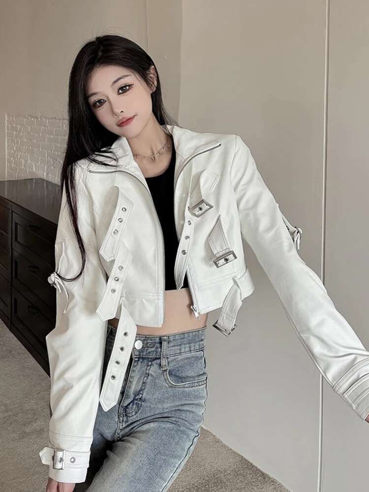 SONNEESD American Style Streetwear Haruku Zipper Full Sleeve PU Coat Vintage Locomotive Design Cowgirl Fashion Short Jacket