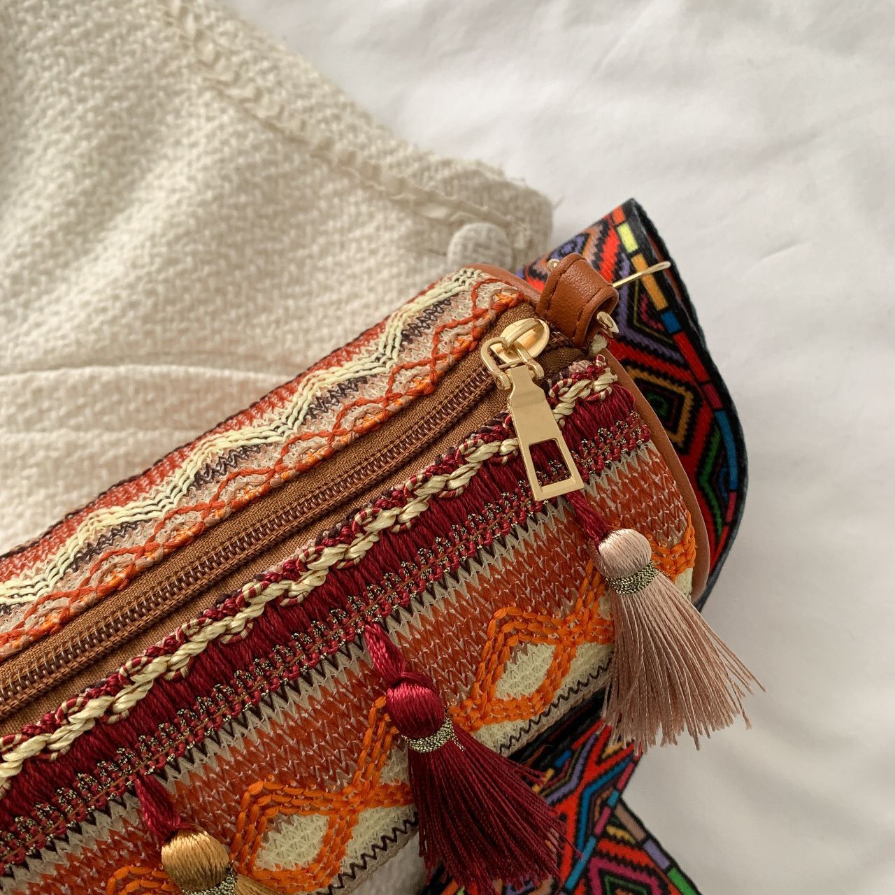2025 Spring New Tassel Fashion Ethnic Style Contrast Embroidery Thread Cylindrical Women's Crossbody Shoulder Bag #swissmilitary