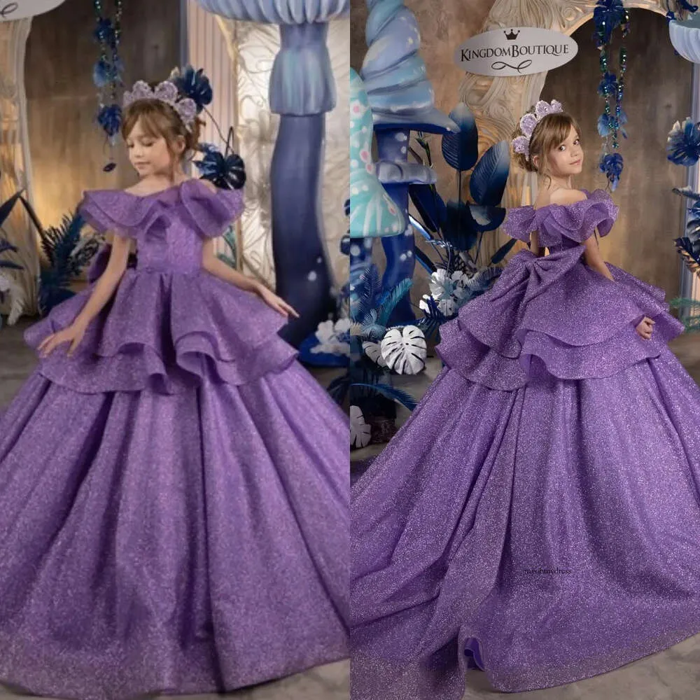 2025 Sparkly Purple Girl's Pageant Dresses Off Shoulder Ruffles Flower Girls Dress Long Kids First Communion Dress Tiered Glitter Sequins A Line 