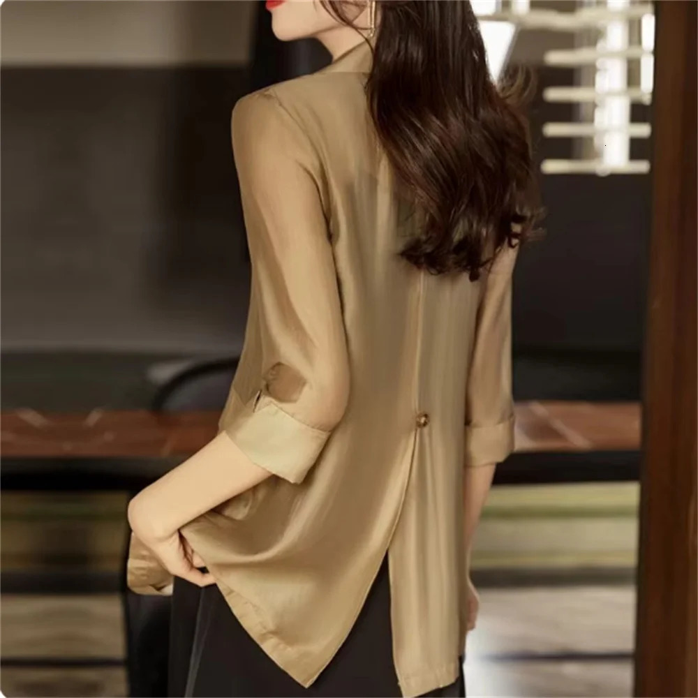 Spring Summer Thin Casual Style Suit Solid Color Loose Women Fashion Blazer 34 Sleeve Chiffon Oversize Coat 250213