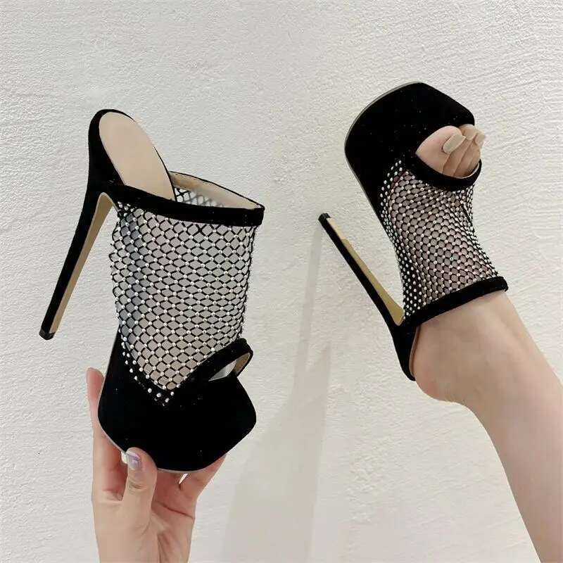 Design Peep Toe CRYSTAL Mesh Fabric Sexy Women Slippers Stiletto Platform High Heels Female Nightclub Shoes