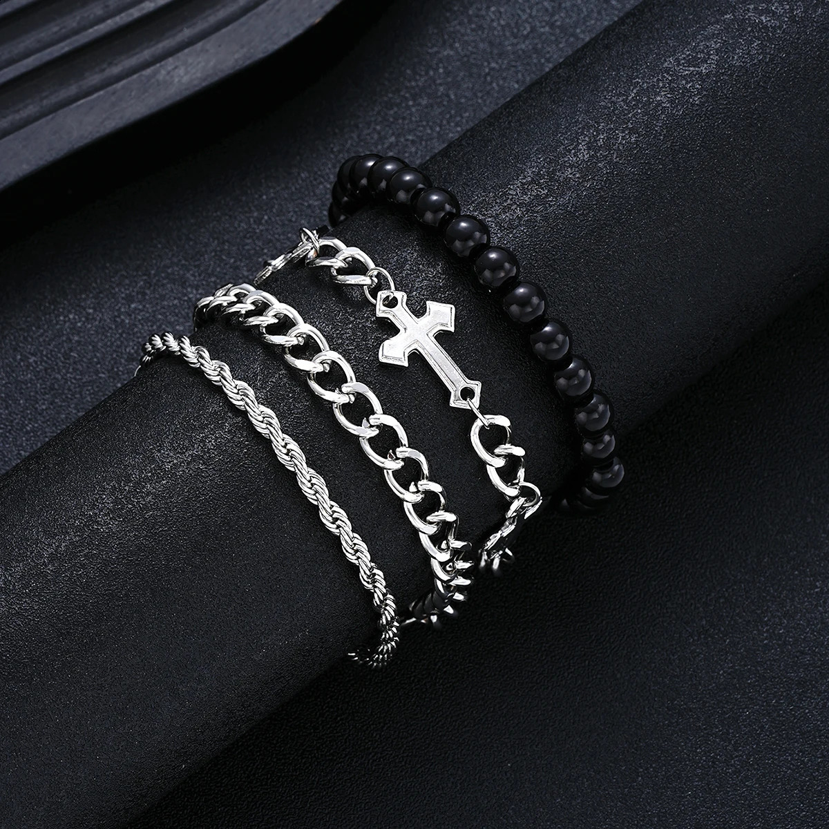 4piece stainless steel bracelet set suitable for men women punk fashionable cross bead chain simple hiphop neutral jewelry gift 250213