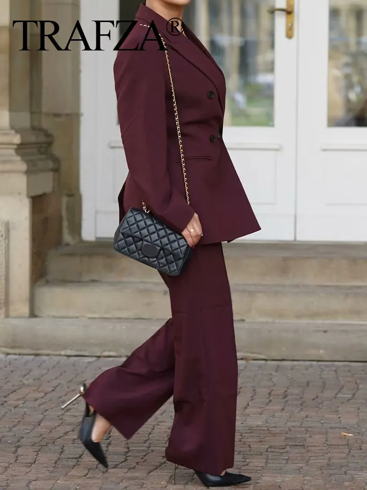 TRAFZA Womens Burgundy Blazer Sets Lapel Double Breasted Autumn Suit Coat Office Lady Commute Woman Wide Leg Long Pant 250218