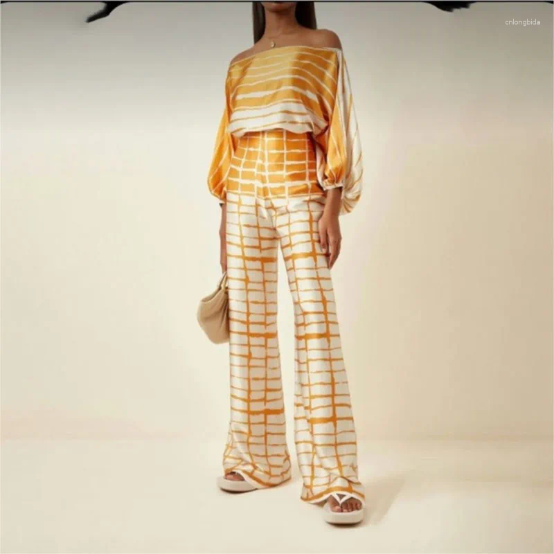 Women's Two Piece Pants Women Print Satin Outfit Lantern Sleeve Off Shoulder Long Blouse Office Lady 2 Sets Casual Wide Leg Suits
