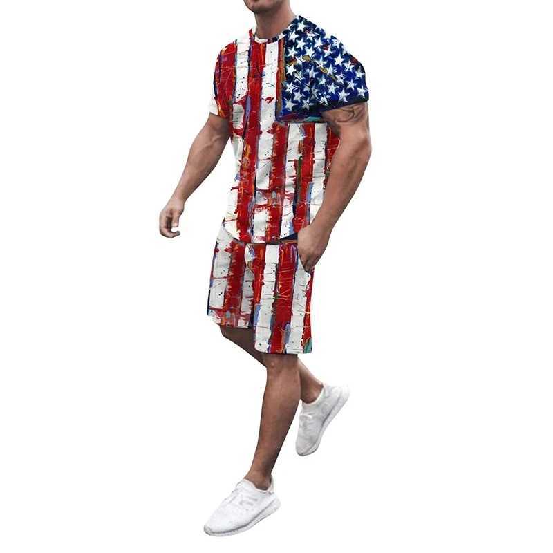 American Flag 3D Print Tracksuit T Shirts Shorts Mens T-shirt Sets USA 2 Pieces Streetwear Males Oversized Suits SportswearXJ250218
