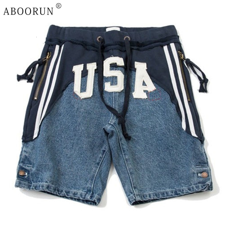 ABOORUN Hi Street Mens USA Patchwork Denim Shorts Vintage Summer Jean for Male 250120