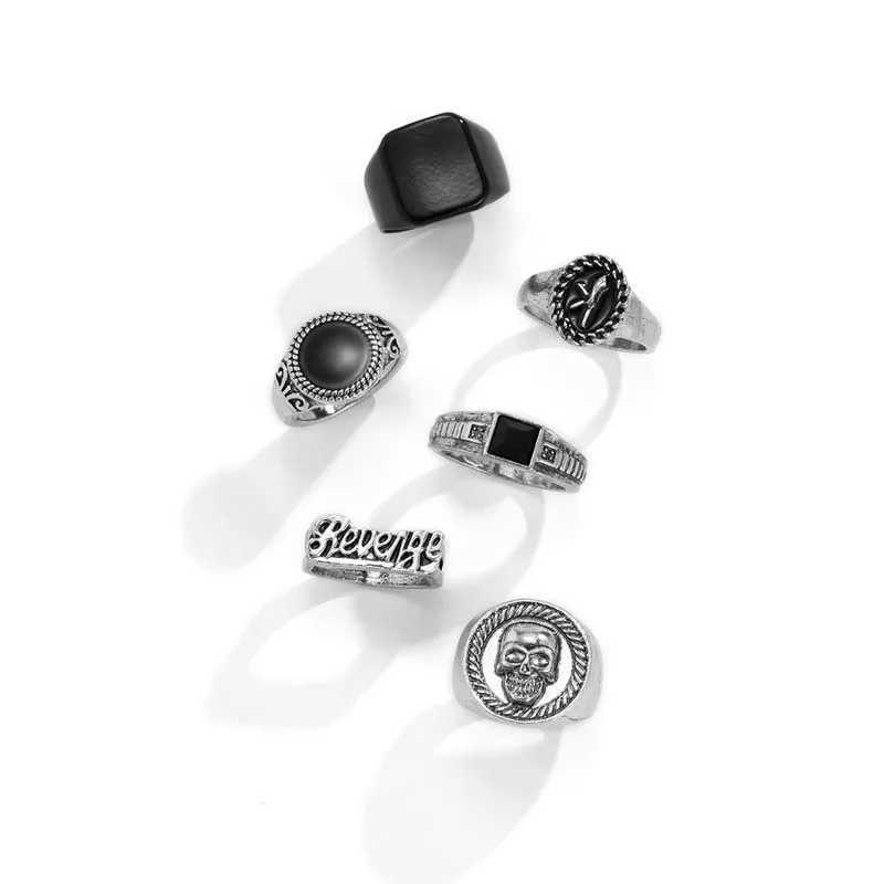 6Pcs/Set Vintage Silver Color Skeleton Skull Rings Set For Men Women Punk Gothic Metal Geometric Knuckle Ring Jewelry AnillosXJ250219