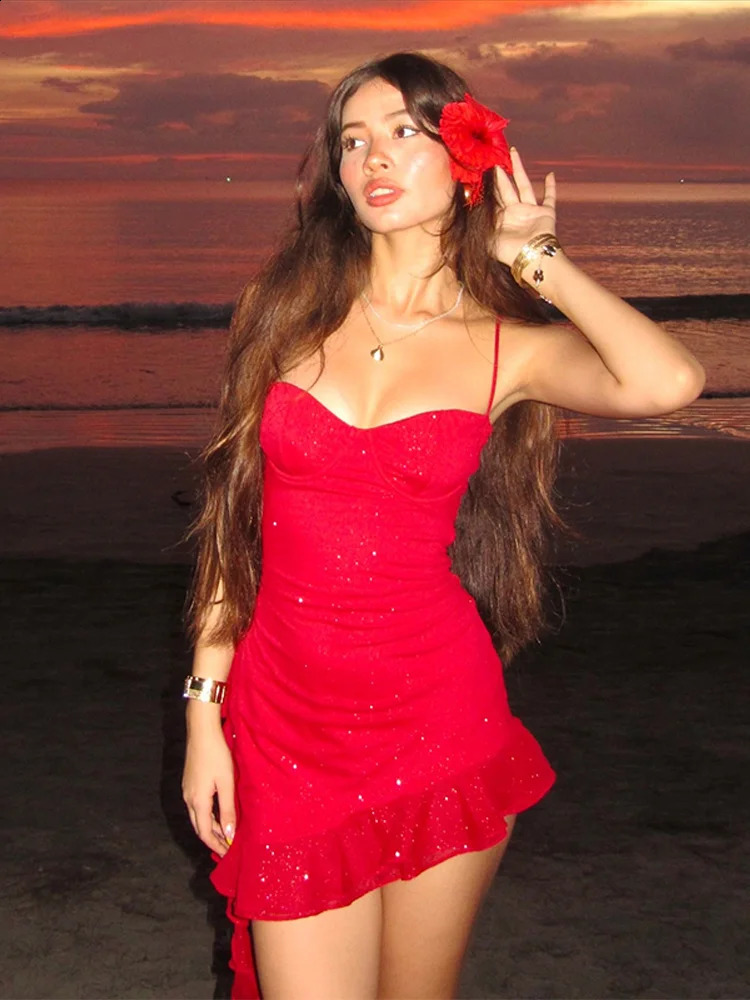 Sexy Sequin Ruffles Sling Mini Dress Women Slim Sleeveless Backless Party Dresses 2025 Spring Summer Shiny Beach Vacation Robe 250218