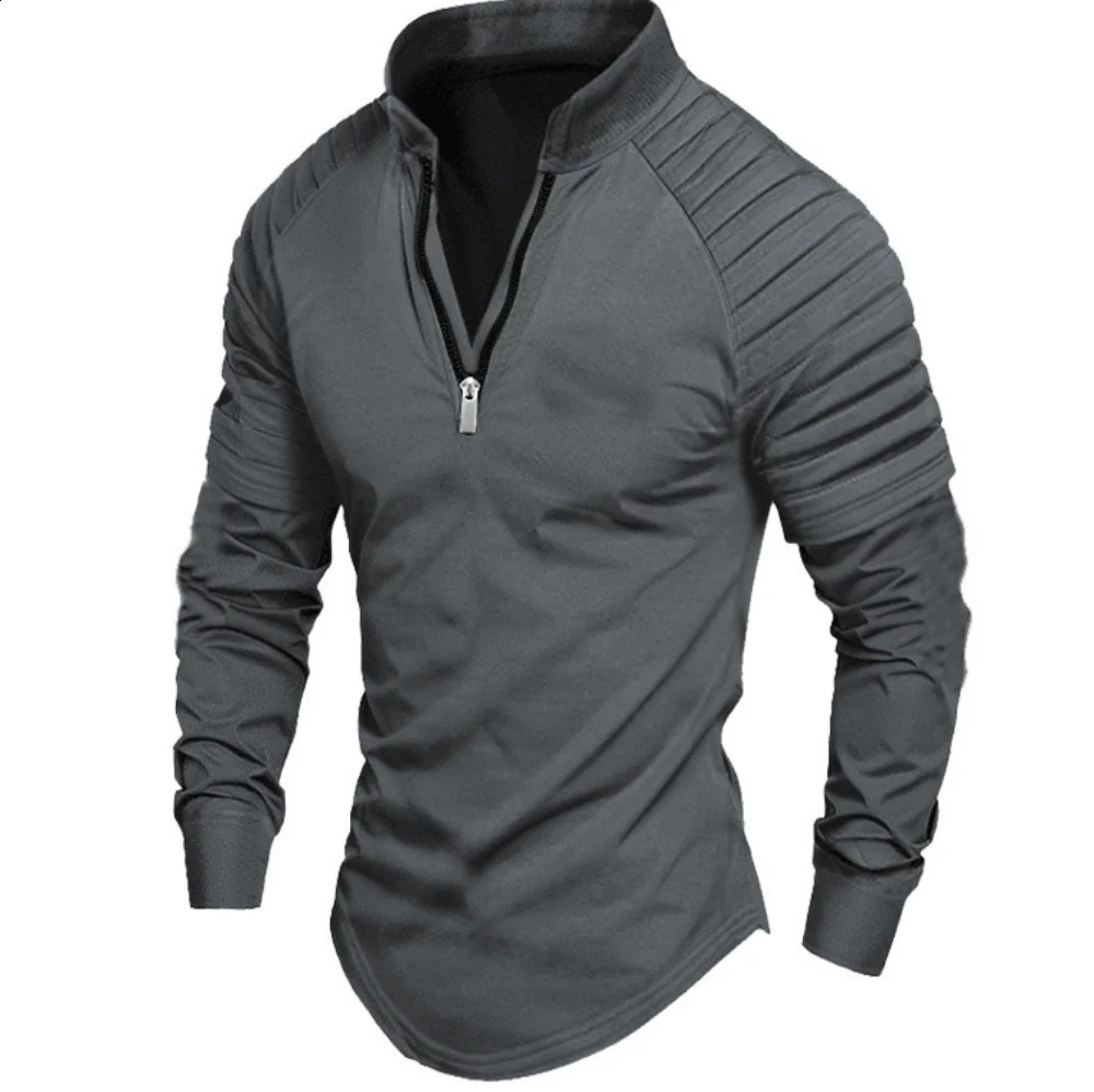Mens POLO Shirt Fashion Casual Loose Solid Color Striped Zipper Stand Collar Sports Urban Office LongSleeved Tops 250213
