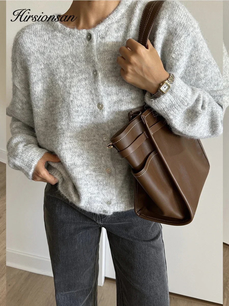Hirsionsan Elegant Long Sleeve Sweater Women Single-Breasted Female Casual Cardigan Soft Cashmere Knitted Outwear 250214