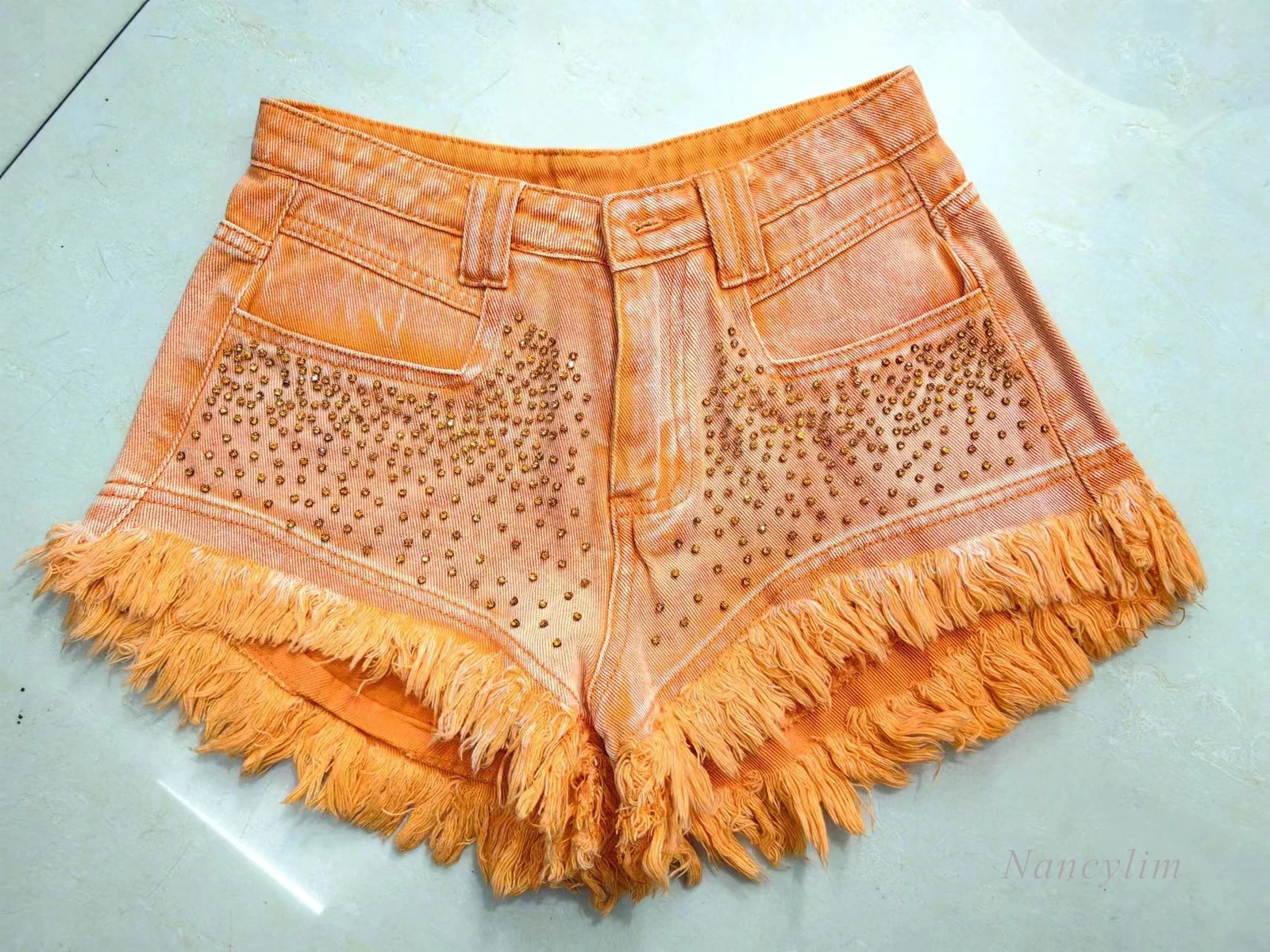 Orange Rhinestone Denim Shorts for Women Fringed Burr Jean Pants Womans High Waist n Sense Summer Wide Leg Shorts 250217