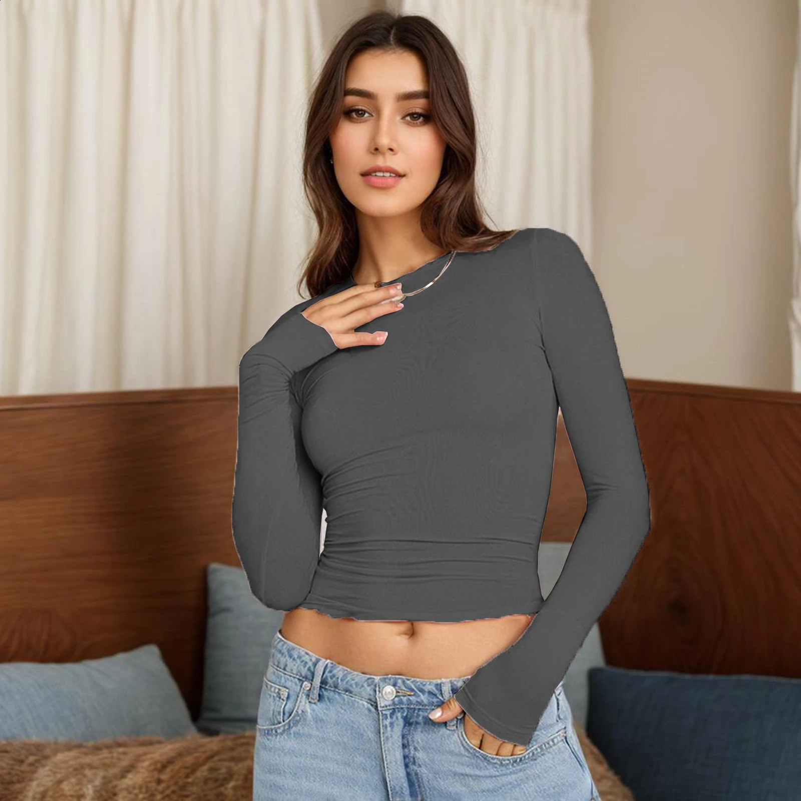 Long Sleeve T Shirt Women Autumn Winter Y2k Crop Top Casual Slim Fit Pullovers Solid O Neck Tshirts Streetwear Female Basic Tee 250214