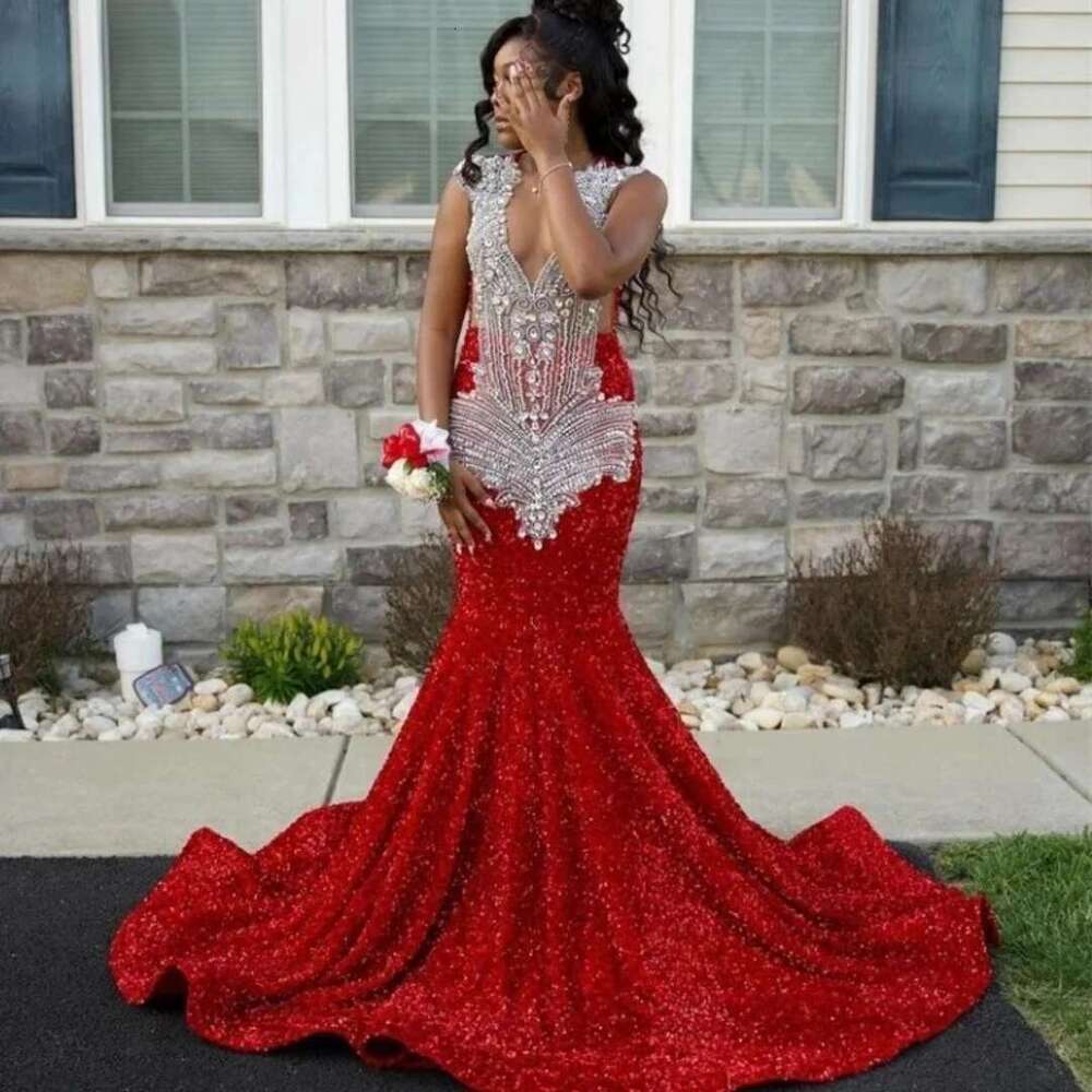 Red African American Long Prom Dresses For Black Girls Mermaid Sheer Sequins Crystals Women Evening Gown Customized