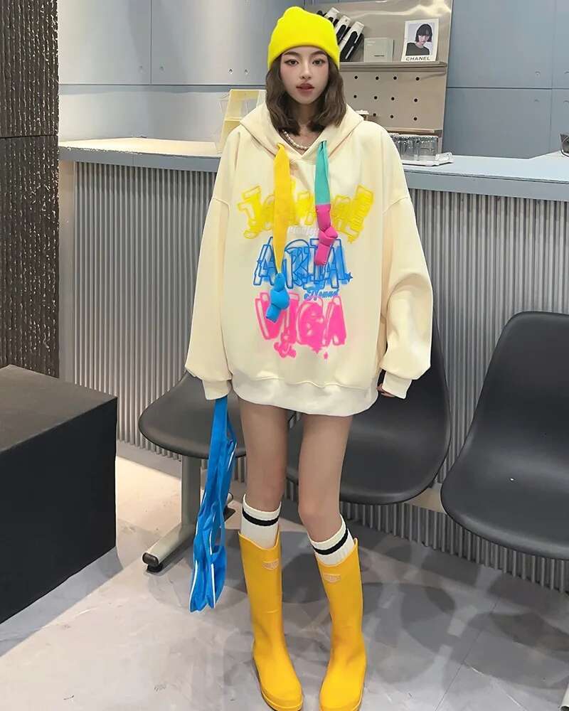 Casual Hoodies Women's Sweatshirt 2024 Graffiti Letter Pullovers Long Sleeve Tops Korean Vestidos Streetwear Bust130cm Length72