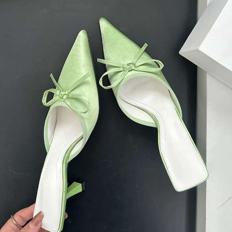 2025 Spring New Butterfly-knot Women Slipper Pointed Toe Slip On Ladies Mules Thin Low Heel Sandal Shoes atos Mujer