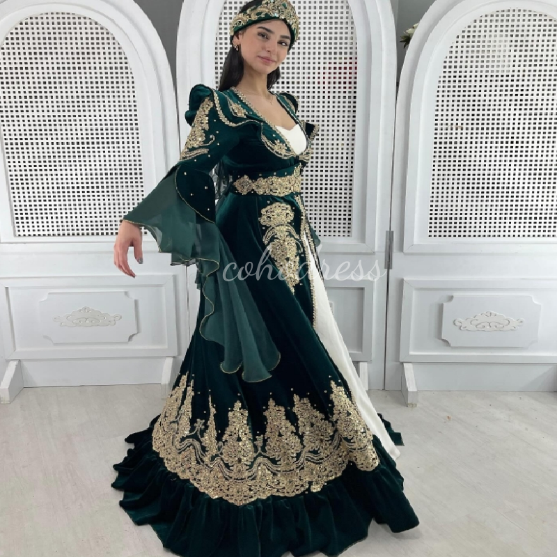 Exquisite Green Egyptian Evening Dress With Gold Lace Turkish Arabian Dubai Prom Dress Beaded Moroccan Formal Birthday Gown 2025 Vestio De Fiesta Robe
