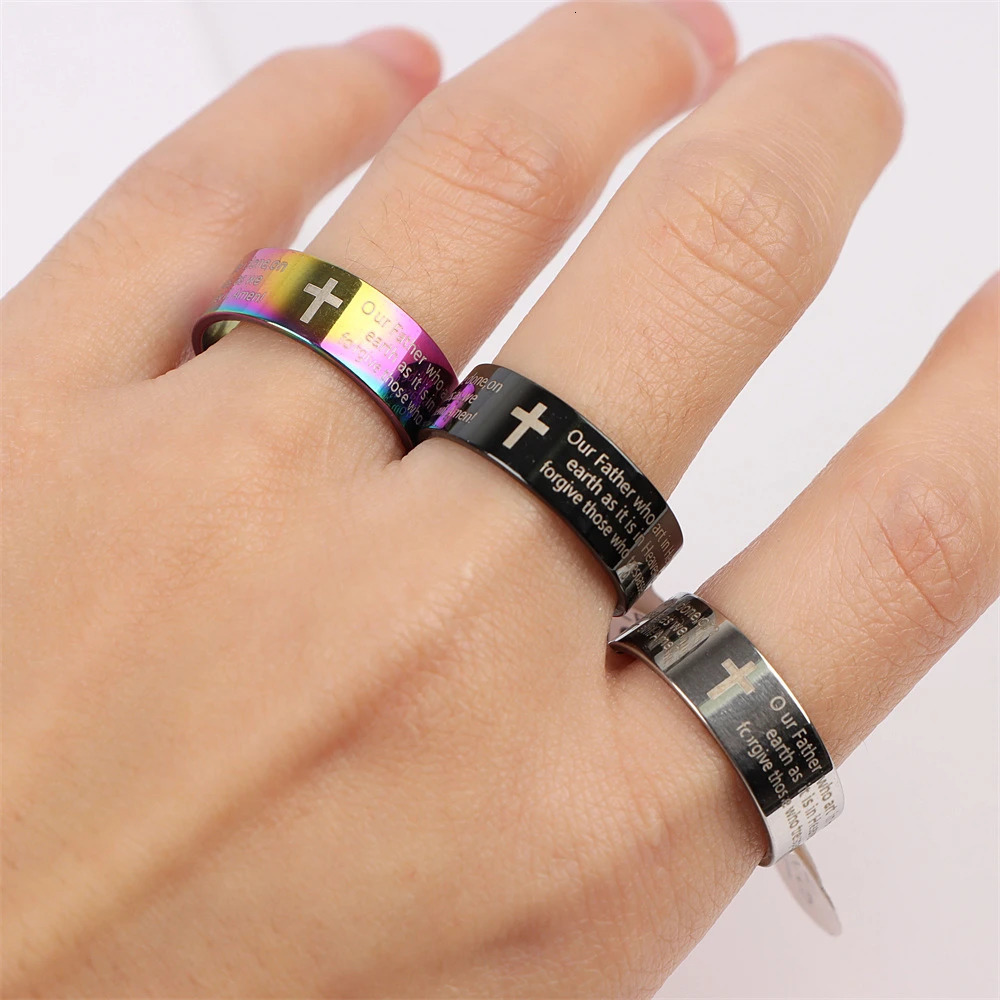50Pcs/Lot Jesus Love Christianity Bible Cross Faith Pray Stainless Steel Ring Jewelry For Women Men Believer Mix Color Wholesale 250213