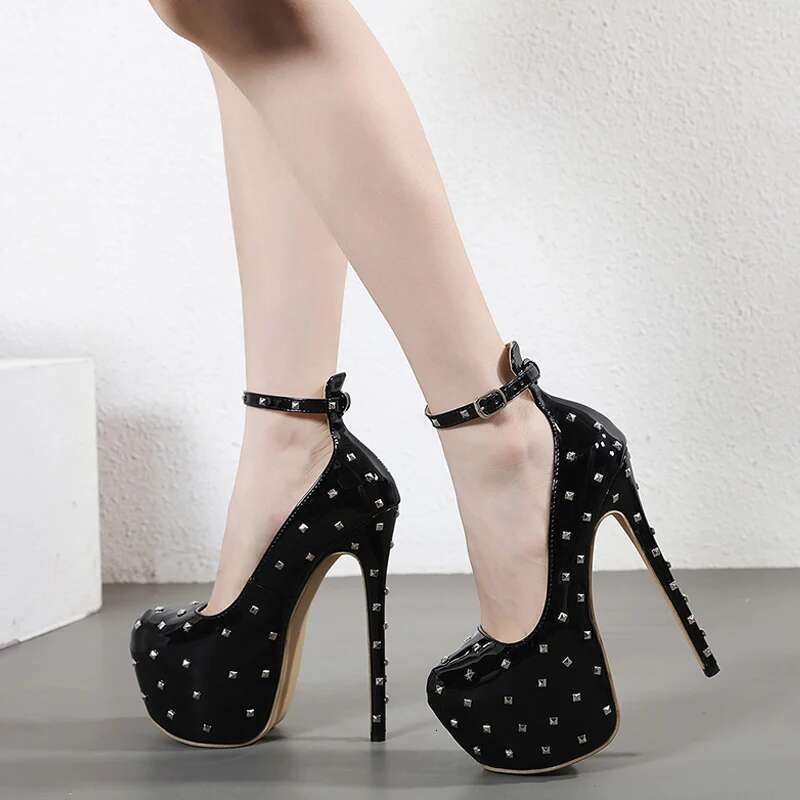 Sexy Design Round Toe Rivets Pumps Women Platform Buckle Strap Sandals Extreme Thin High Heels Nightclub Shoes