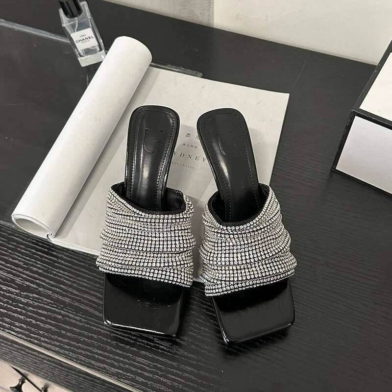 Summer bgbg crystal slides square toe low thin heel slip on sandals