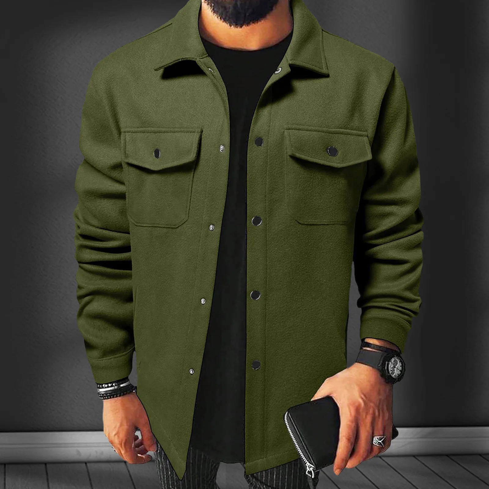 MenS Classic Solid Color Wool Jacket Casual Single Breasted Lapel Shirt Windbreaker Winter Men 250218