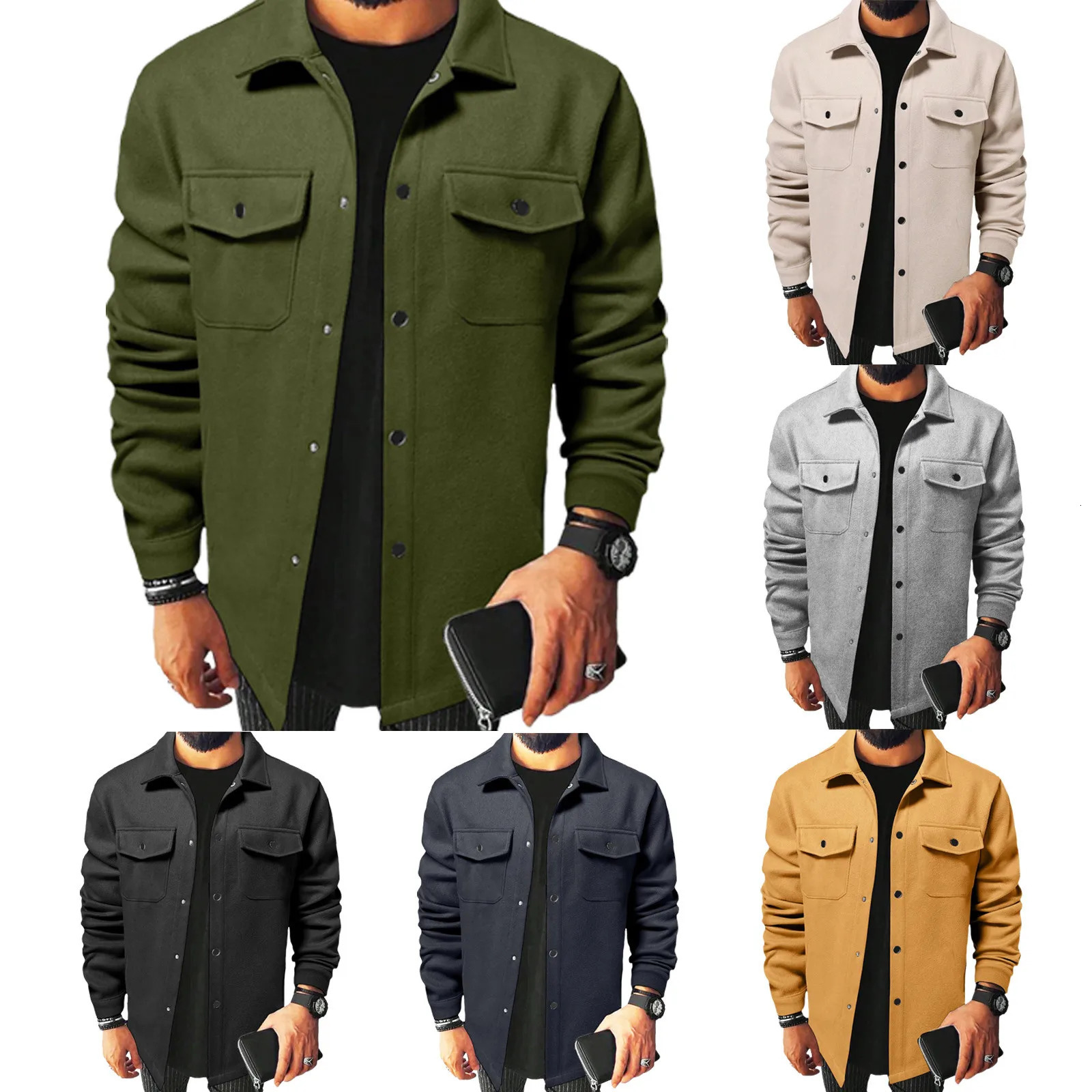 MenS Classic Solid Color Wool Jacket Casual Single Breasted Lapel Shirt Windbreaker Winter Men 250218