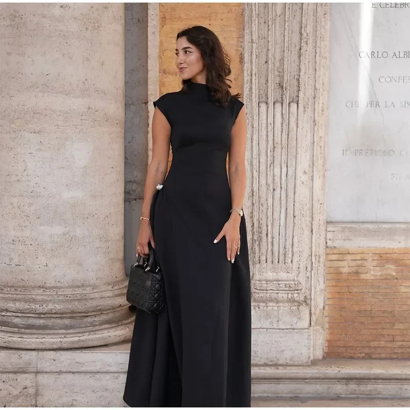 european and american 2025 women's dress sweet and fresh solid color sleeveless elegant high waist round neck dress