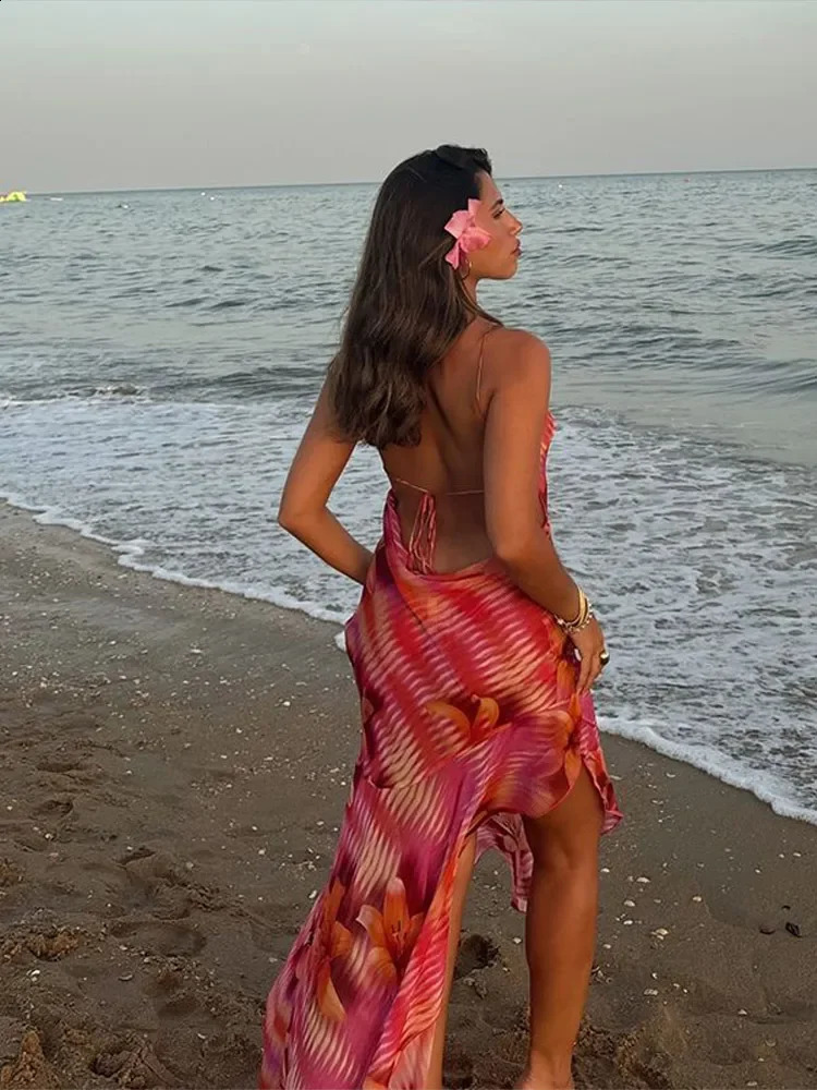 Chic Flower Printed V Neck Beach Dress For Women Fashion Sleeveless Backless Ruffles Midi Dresses 2025 Summer Lady Holiday Robes 250218