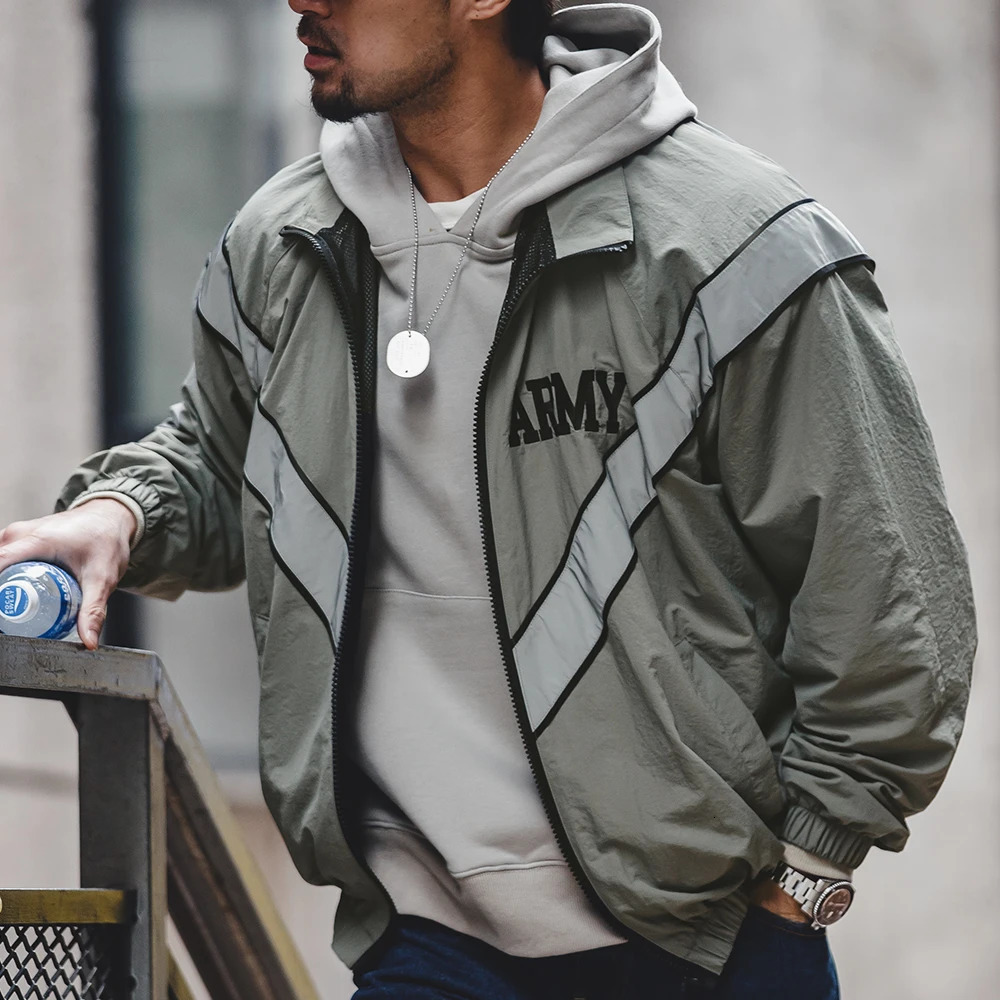 Maden ARMY Reflective Hooded Contrasting Color Bomber Jacket Sports Quickdrying Loose IPFU Training Suit for Mens Daily 250214