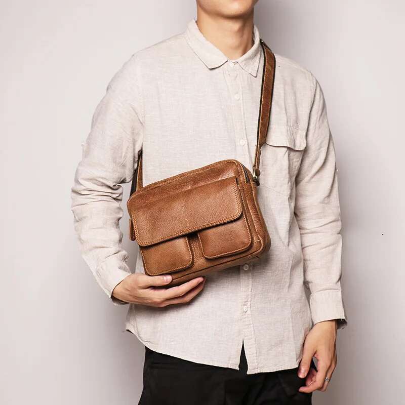 Retro Top Layer Cowhide Male Horizontal Crossbody Men's Real Leather Casual Shoulder Bag 7.9 "Ipad