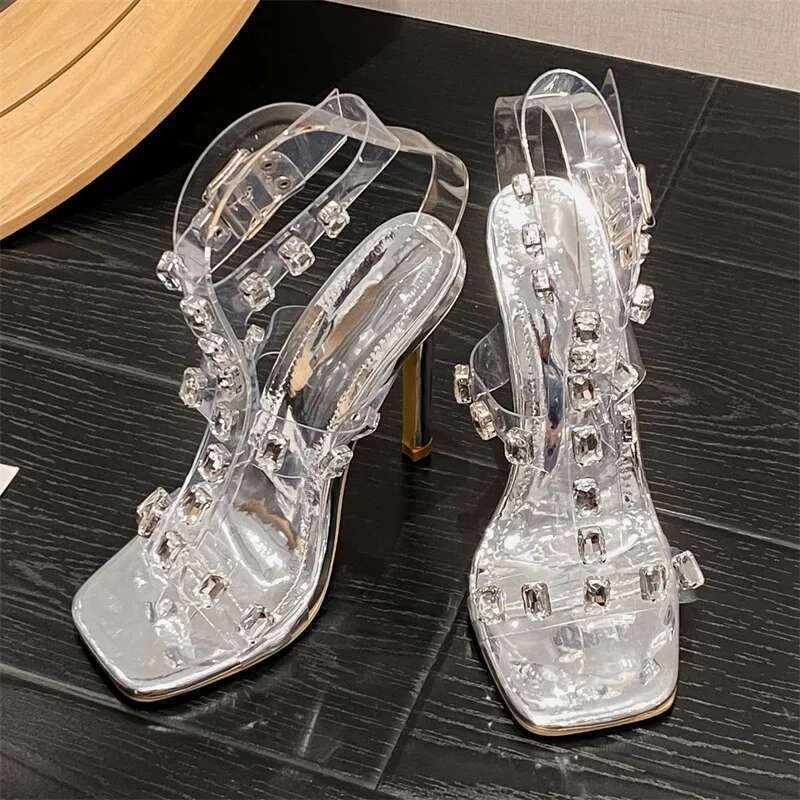 Sexy Crystal PVC Transparent Buckle Strap Woman Sandals Elegant Square Toe Thin High Heels Designer Ladies Shoes