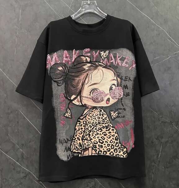 Popular Heavy Industry Design Cartoon Y2k Thick Pullovers Color Matching T-shirt Women's Loose Medium And Long Half-sleeved Tees