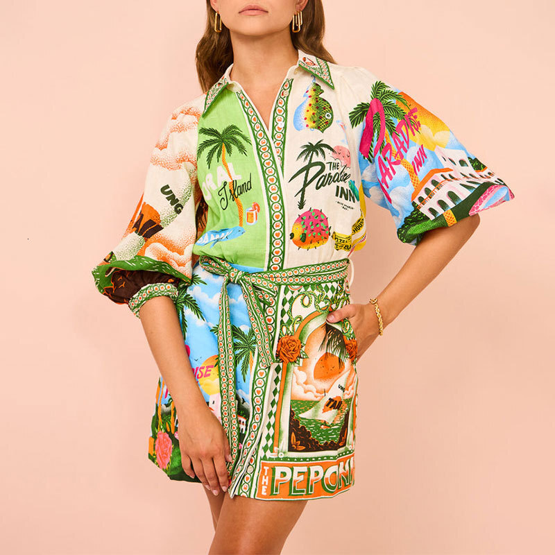 2025 european and american women's clothing independent site casual fashion printed shirt cardigan short european and american dress women