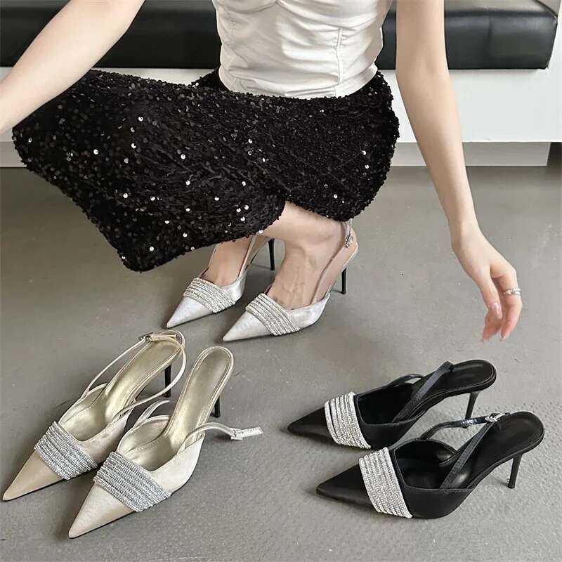 CRYSTAL Rhie Silk Women Pumps Sexy Sgbacks Buckle Strap Prom Thin Heels Elegant Sandals Mule Shoes