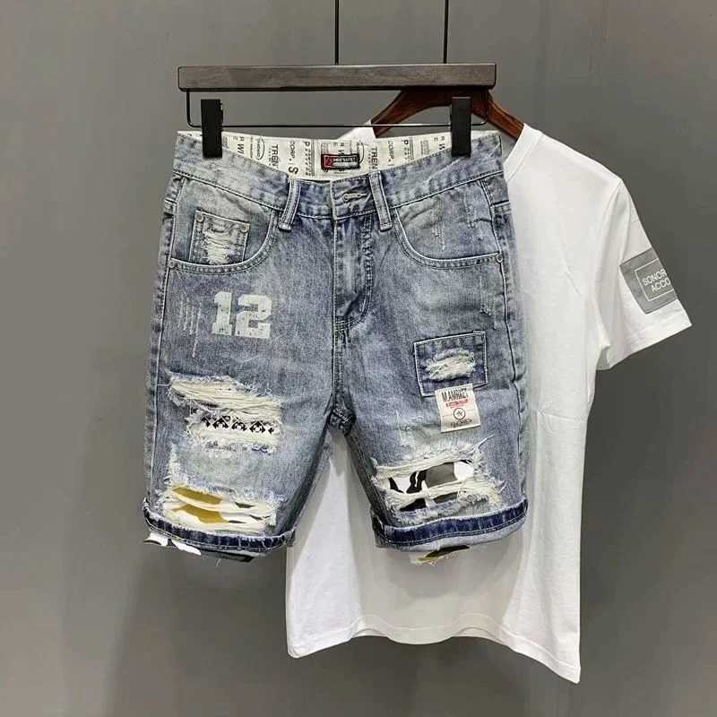 Men's Shorts Mens Denim Shorts Graphic with Text Half Long Mens Short Jeans Pants Multi Color Ripped Knee Length Retro Vintage Baggy Y2k Cut z250