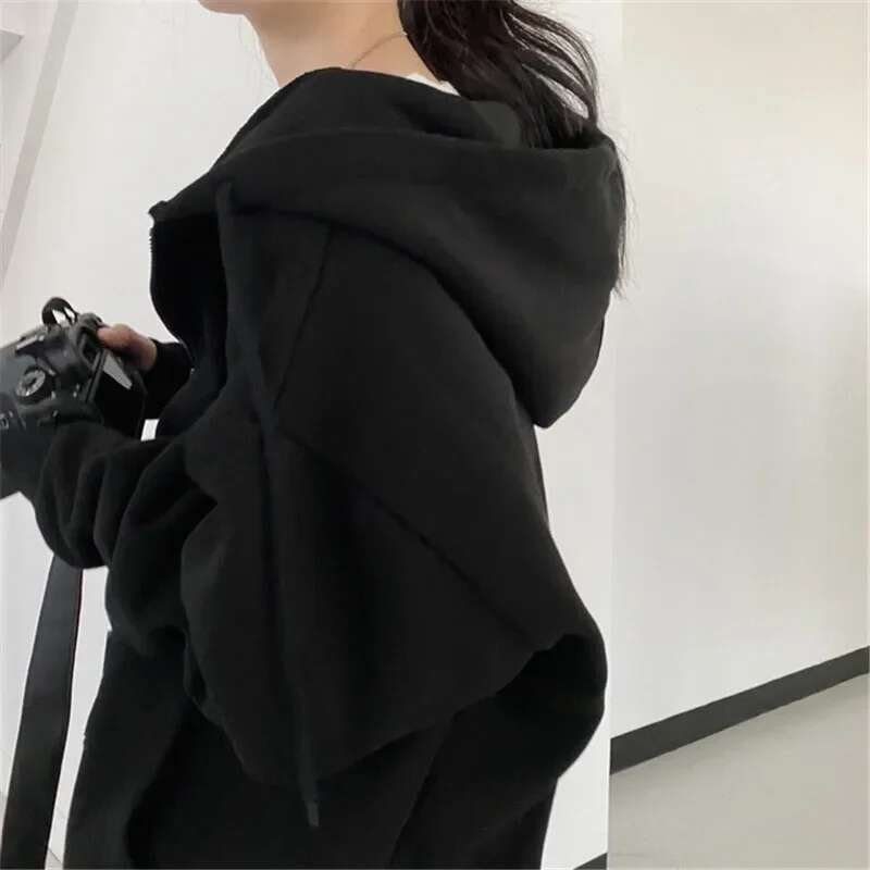 Lucyever Gray Zip Up Hoodie Coat Women Streetwear Haruku Oversized Hood Jacket Female Autumn Retro Solid Color Sweatshirts