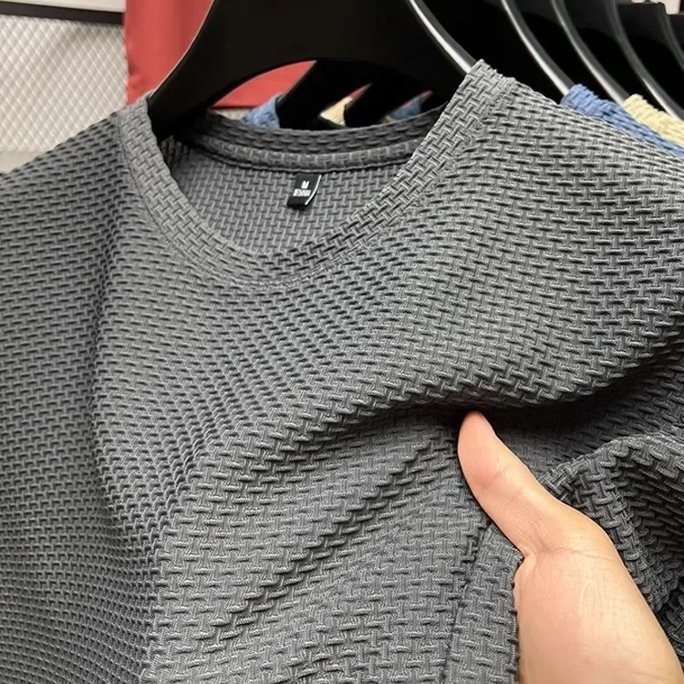 Mens Short Sleeve Mesh Bamboo Ice Silk T-shirt Casual Versatile Summer Elastic Slimming Top for Men 250217