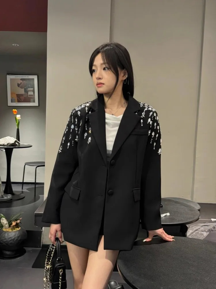 Autumn Women Diamonds Beading Loose Fit Mid Long Blazer Suit Coat Office Ladies Work Tops Boyfriend Style Party Jacket 250213