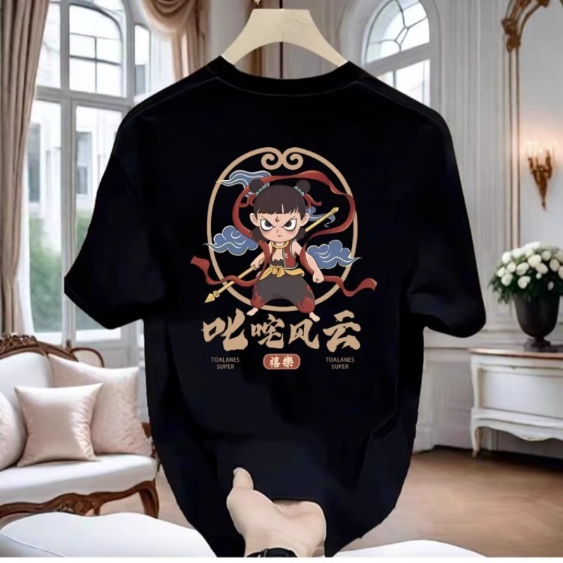 Summer 2025 China-chic Fashion Personality Versatility Casual Trend Nezha Personality Print Men's Designer Round Neck Cotton Short Sleeve T-shirt