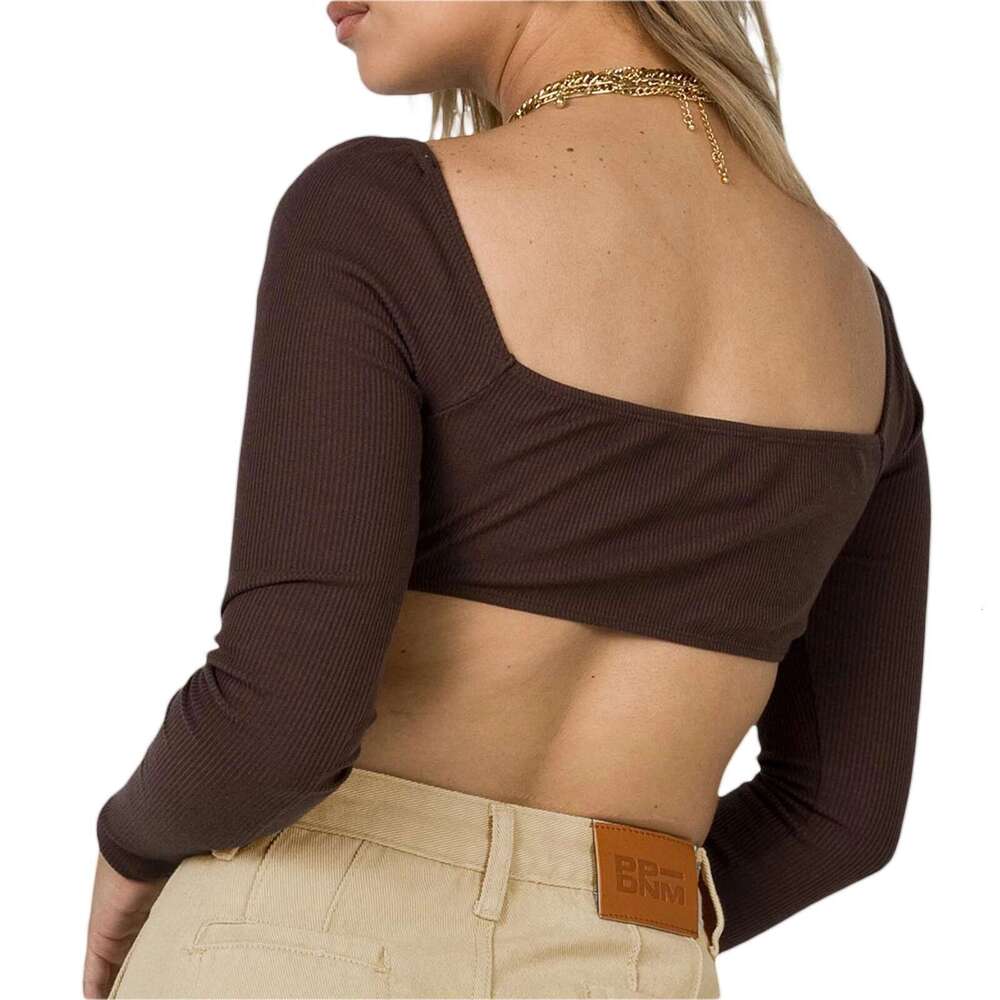 Women's Long Sleeve Bustier Crop Sexy Ribbed Knit Low-Cut Corset Tube Top Vintage Slim Cutout Pullover Blouse Y2k Streetwear