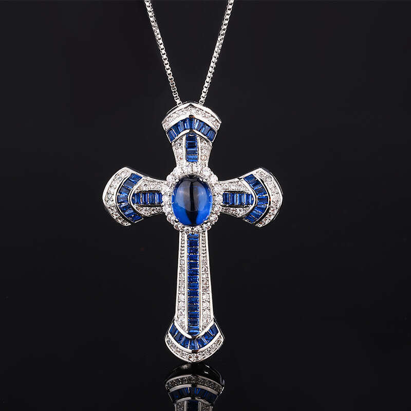 Tiktok Live Broadcast Color Zircon Royal Blue Cross Pendant Micro Set Flash Dia Geometry Necklace