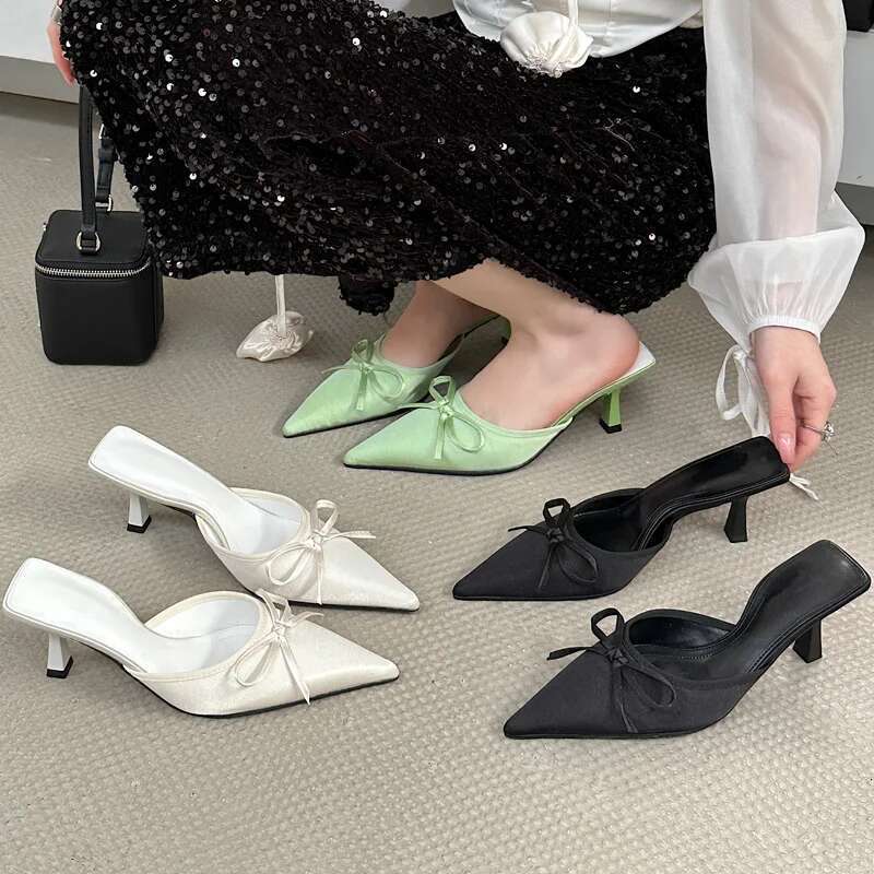 2025 Spring New Butterfly-knot Women Slipper Pointed Toe Slip On Ladies Mules Thin Low Heel Sandal Shoes atos Mujer