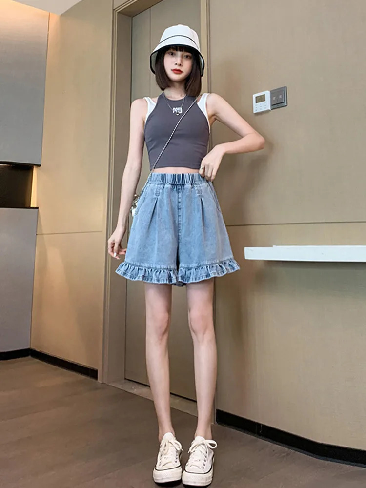 M6XL Plus Size Denim Shorts Women 2024 Summer Korean Fashion Ruffles All Match High Waist Short Pants Jeans Female 250214