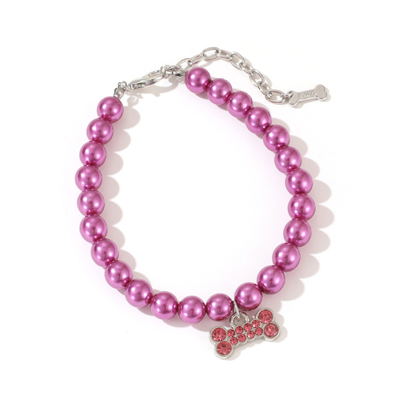 Fashion Pearl Dog Necklace with Shining Rhinestone Bone Charm in Different Colors, Jewelry Dog Necklace for Puppy Kitten Small Dogs Wedding Birthday G