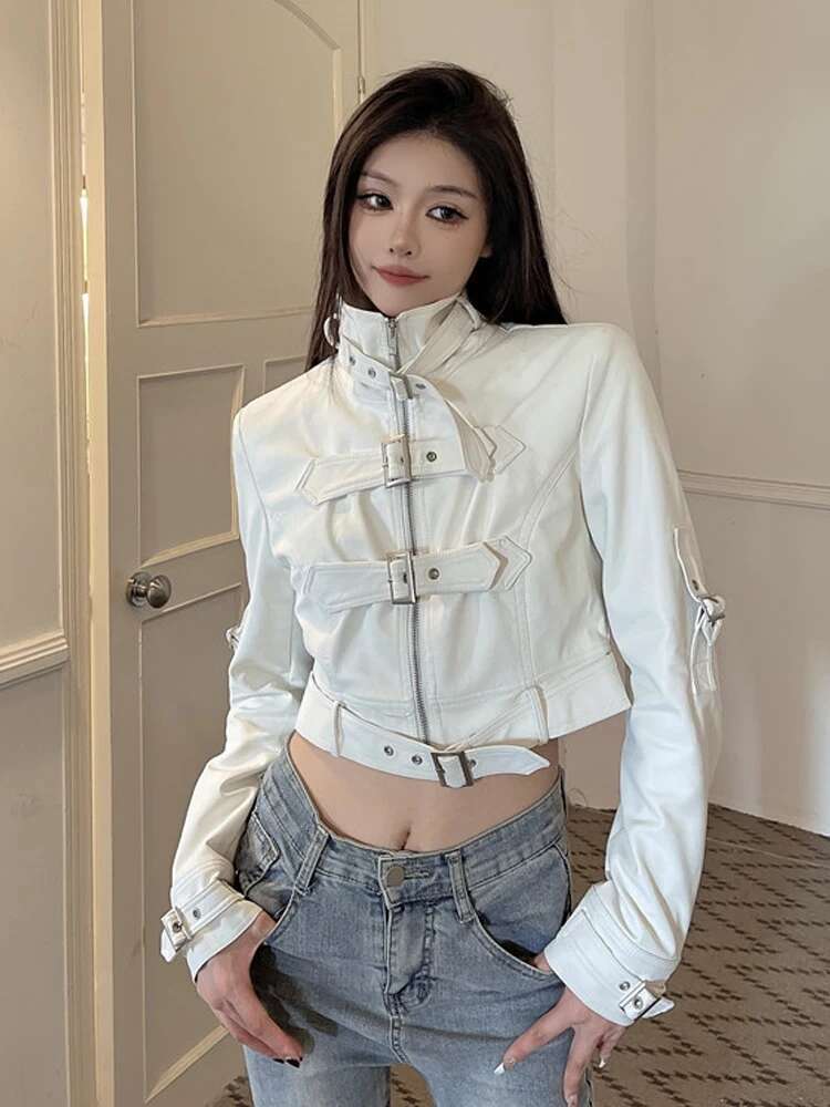 SONNEESD American Style Streetwear Haruku Zipper Full Sleeve PU Coat Vintage Locomotive Design Cowgirl Fashion Short Jacket