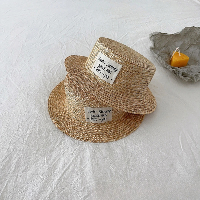 Summer Baby Straw Hat with Big Label Kids Panama Caps Boys Girls Baby Sun Hat Sun Protection Vacation Beach Cap 250219