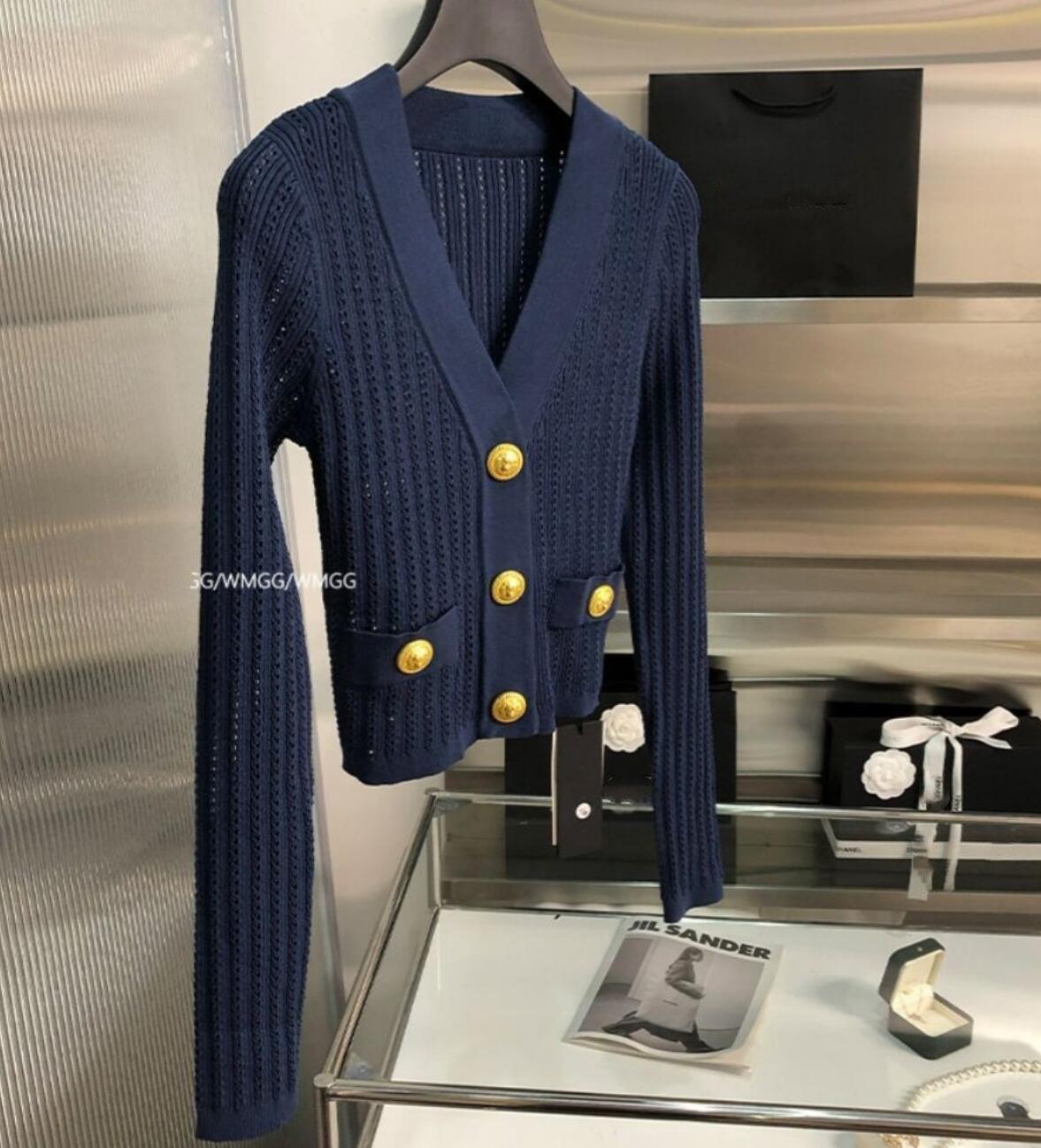 Women's long sleeve navy blue color knitted hollow out sweater cardigan single breasted knitwear SMLXL