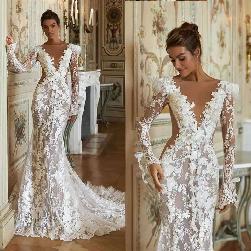 Princess Wedding Dress Mermaid V-Neck Appliques Lace Long Sleeve or-Length Elegant Bridal Gowns Vestido De Noiva Custom Made