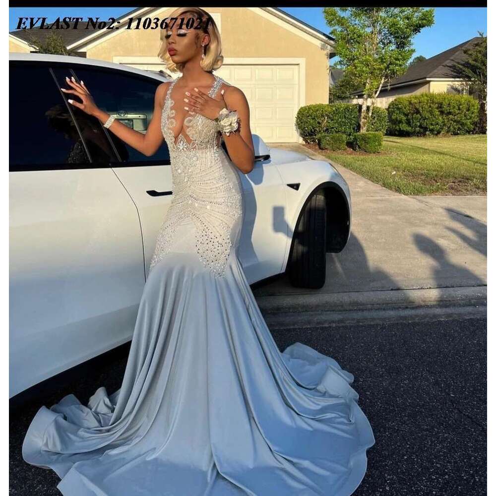 EVLAST Customized Sparkly Sier Crystal Beading Mermaid Prom Dress Sheer Black Girls Women Formal Party Evening Gowns E2P138