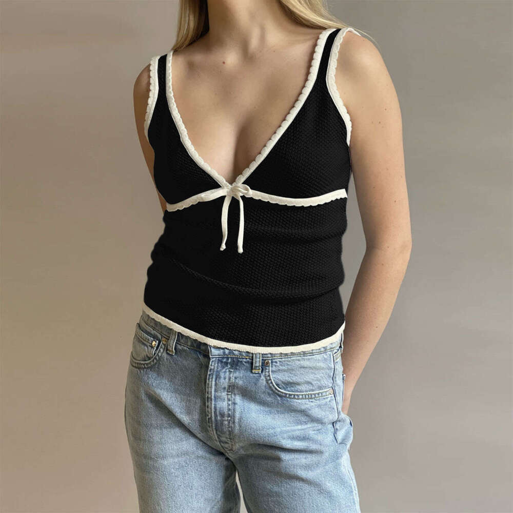 Spring/Summer Hot Women's Clothing, European American Sexy Deep V Bow Lace Small Tank Top, 2025 New Style, Unique and Elegant Clothing