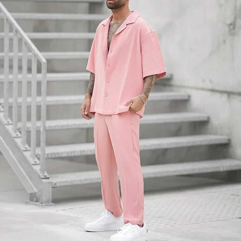 Summer Fashion Shirts and Pants Two-piece Mens Sets New Trend Solid Color Male Suit Pink Large Size Sweatshirts Ropa HombreXJ250218